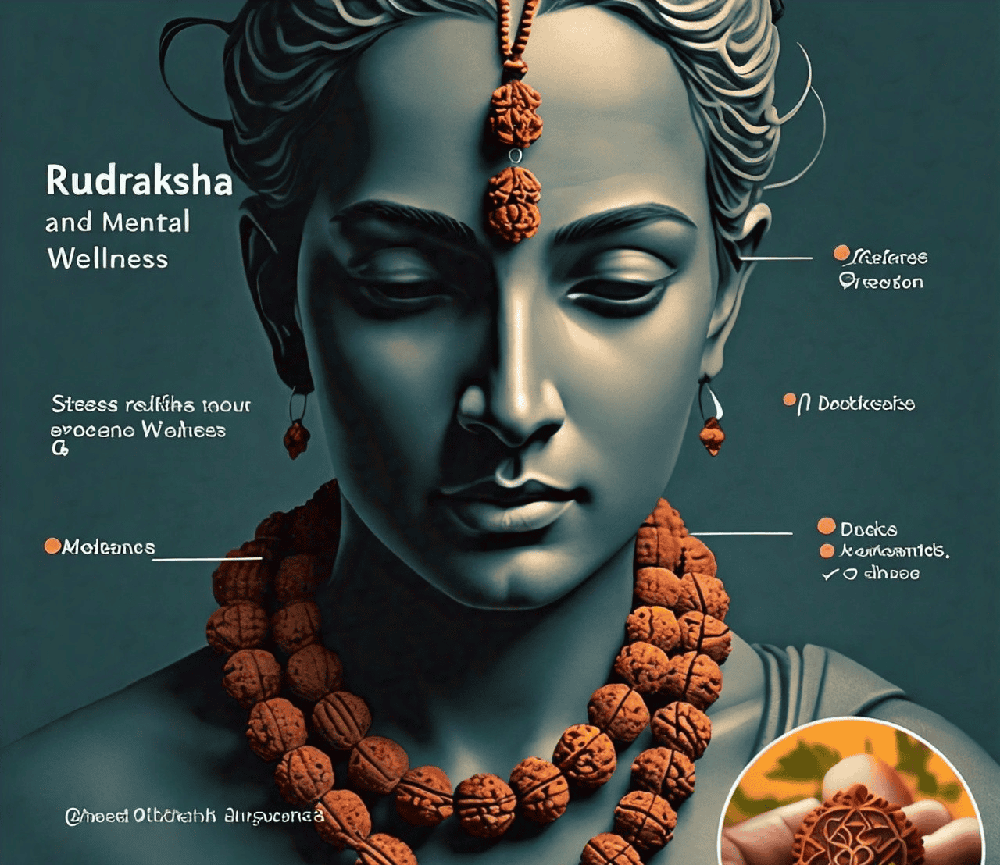 An infographic depicting the benefits of Rudraksha for mental health, including stress relief and enhanced focus